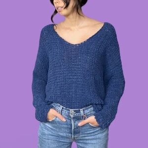 Free People Oversized Deep Blue Knit V-Neck Sweater